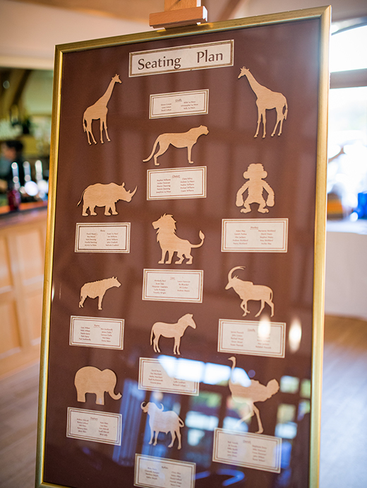 The couple took inspiration from animals for their table plan at Rivervale Barn in Hampshire