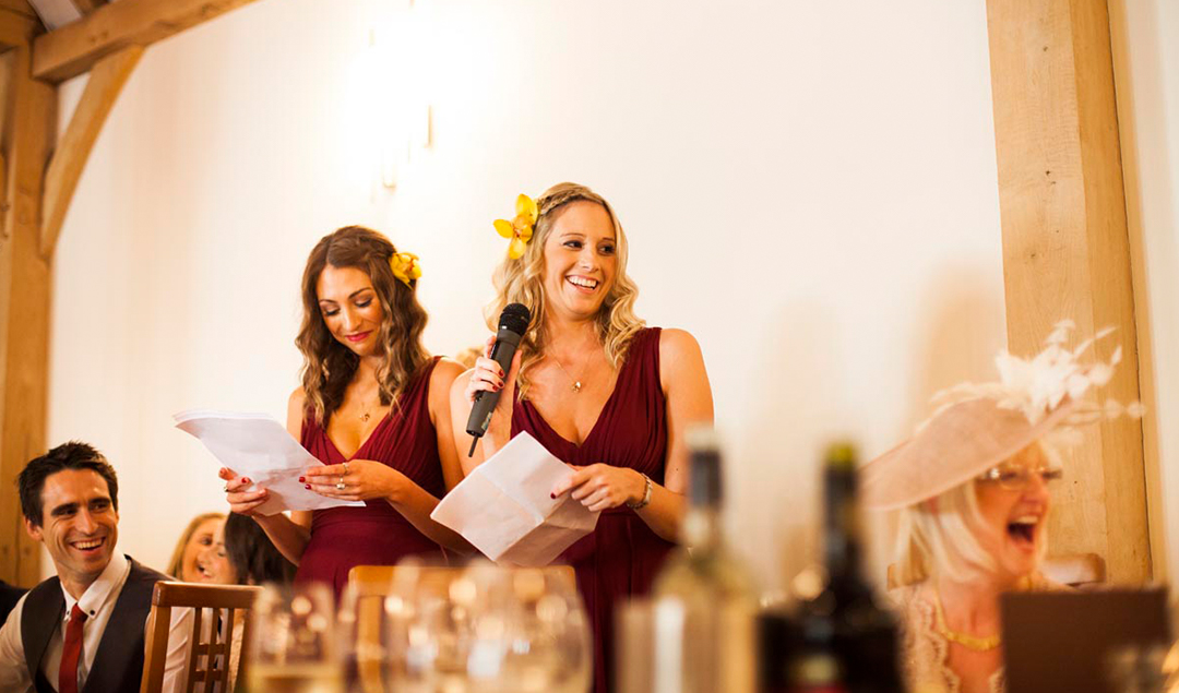 Bridesmaids delivered speeches during the autumn themed wedding at Rivervale Barn