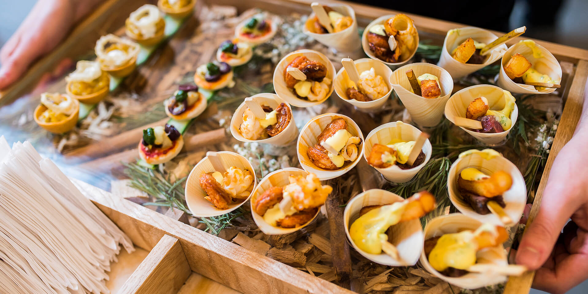 A selection of canapes including blinis and bamboo cones were served to wedding guests