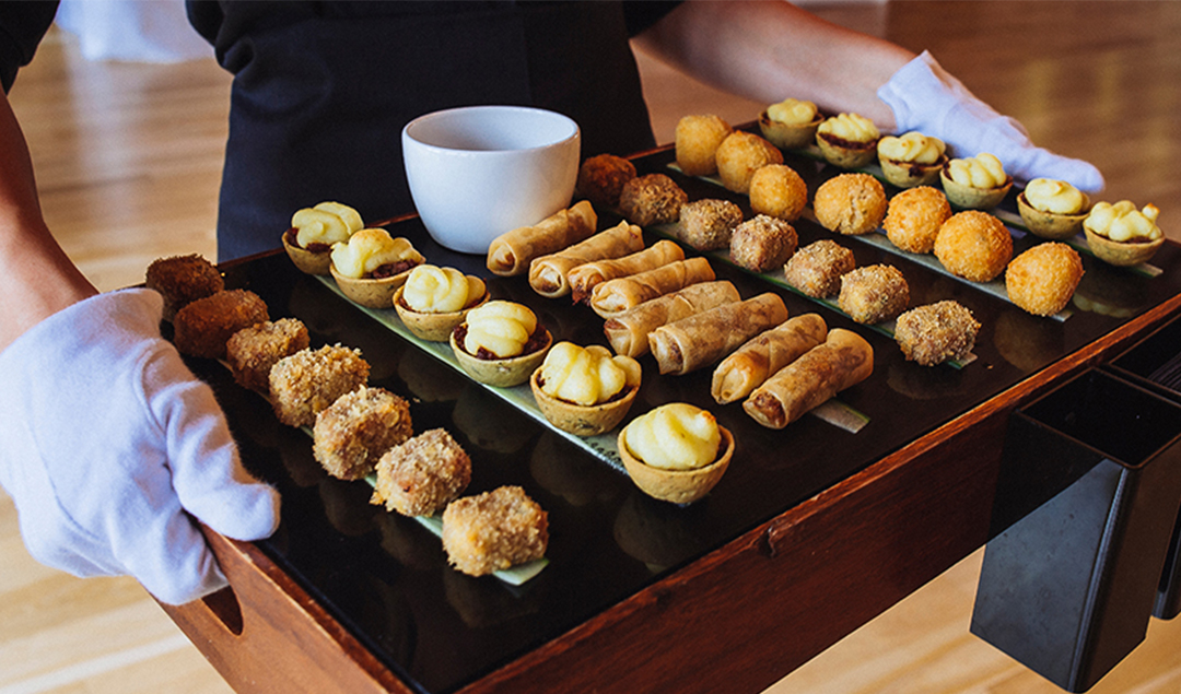 Delicious canapes including risotto balls, mini shepherd’s pies and crispy duck spring rolls make the perfect addition to a barn wedding