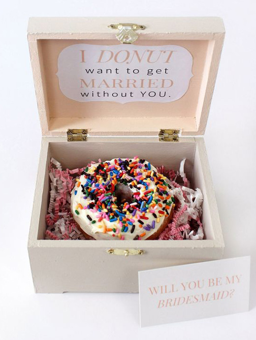 a doughnut box is a great way to propose to your bridesmaid with a sweet tooth