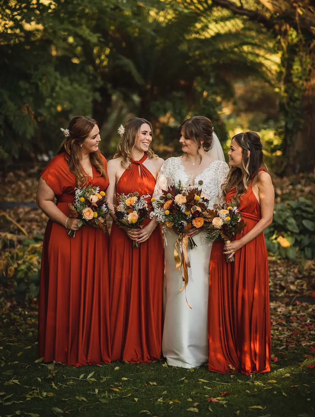 Rivervale Barn autumnal wedding bride and bridesmaids